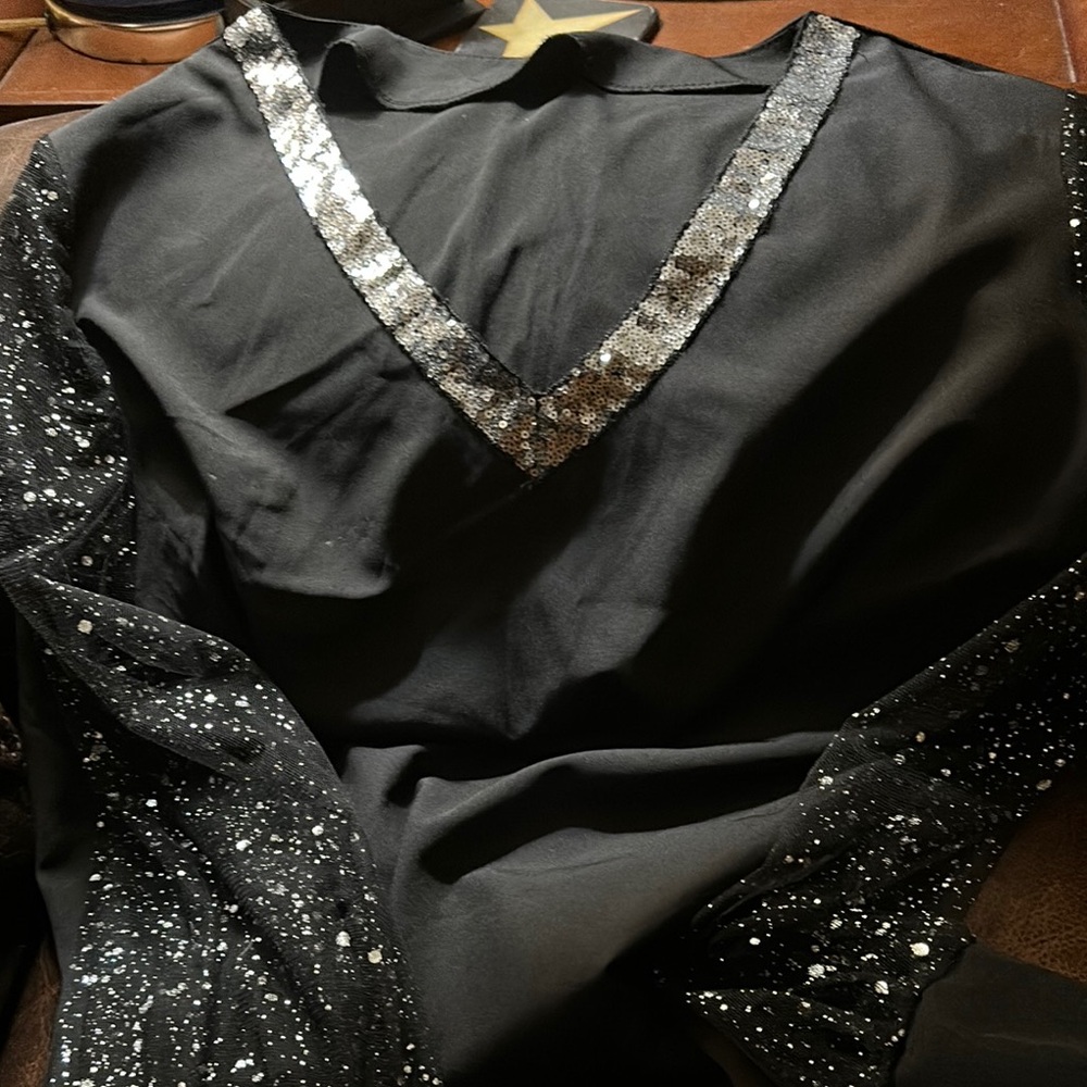 Black Sequin V-Neck Women's Top